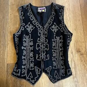 Vtg Other Destination Beaded Black Vest Waist Coat S/M Whimsygoth Indie Sleaze